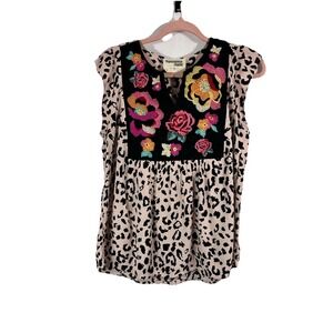 Savanna Jane Embroidered Rayon Blouse Size S Animal Print Colorful Boho Eclectic